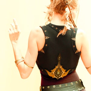 Festival organic cotton short black vest, Tribal boho hippie shrug, Cosplay bolero, Summer bodywarmer, Burner clothing, Leather art psywear