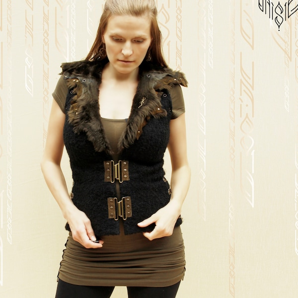 Steampunk wool vest with big fur collar, decorated with leather and brass metal details, warm and cosy - FURYLAND VEST