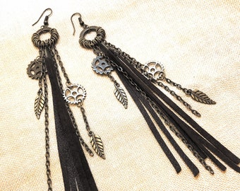Steampunk dangle long brass earrings with leather fringe tassel detail, 32 colors - STEAMDROP EARRINGS