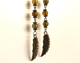 Long beaded dangle earrings with olive green Dragon Vein Agat gemstone and charm feather - DRAGONIA EARRINGS