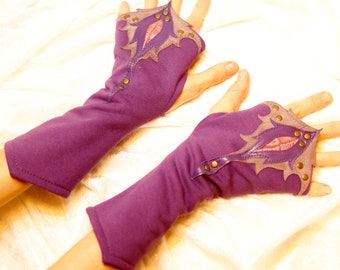 Cotton purple mitts, fingerless gloves, fabric mittens, arm warmers, with leather art appliques, 12 colors - Miteneja