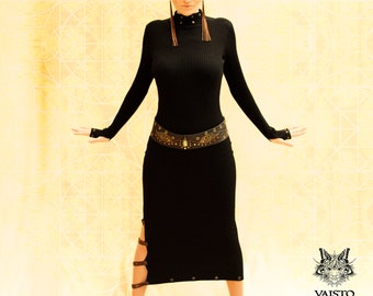 Elegant long sweater black dress, Bodycon slim fitting, tight form, High turtle neck, Warm knitted winter cosy, side slit, thumbhole leather