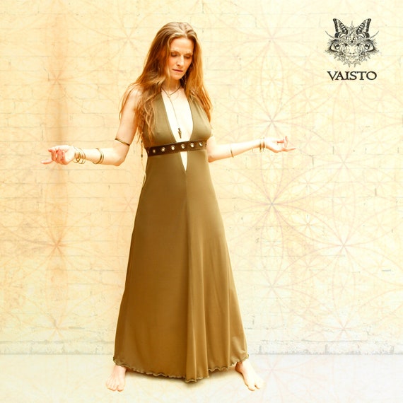 Long Open Back Halter Summer Dress, With Deep Plunge Neck, Leather  Waistband Made From Viscose Jersey in Olive or Pick Your Color - Etsy