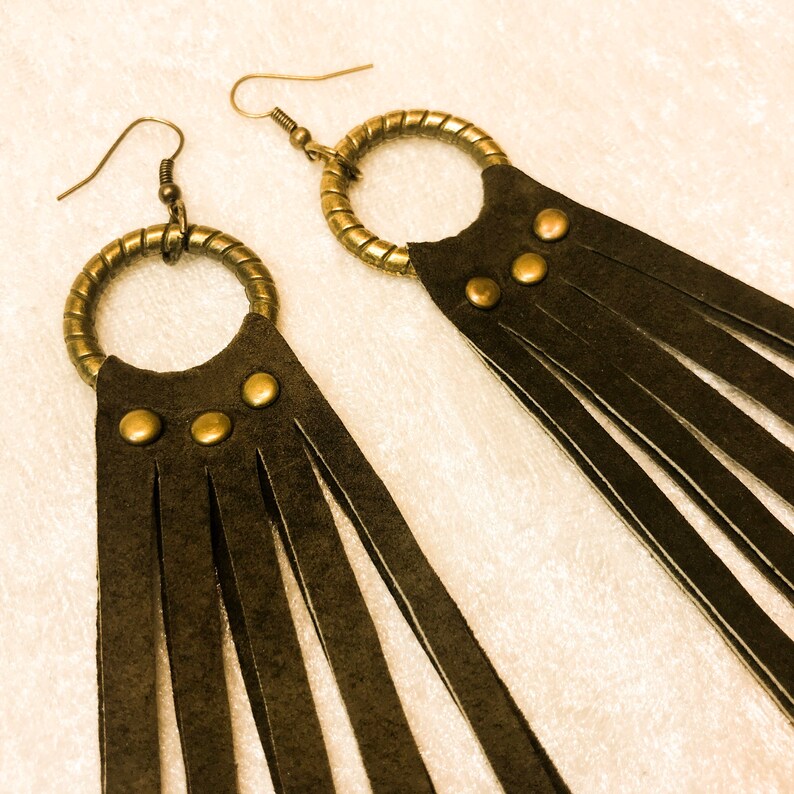 Leather Long Dangle Fringe Earrings on Brass Hoop 32 Colors Etsy