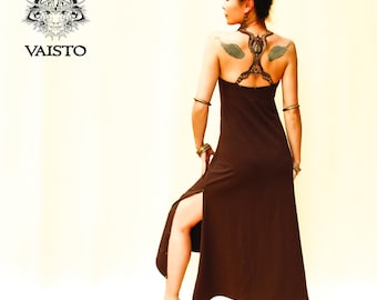 Bohemian long summer brown tank maxi dress, Organic cotton, Side slit festival outfit, Open back, Wearable leather art, Burning man clothing