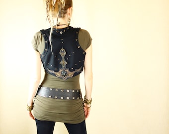 Cotton bolero shrug black vest with leather art appliques, 12 colors - Darnarriz