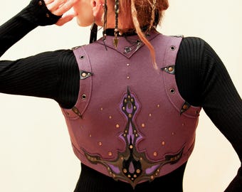 Festival organic cotton short purple vest, Boho hippie tribal shrug, Elven bolero, Summer bodywarmer, Burning man gilet, Leather art psywear