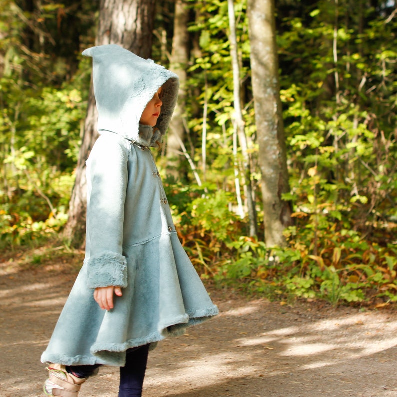 Winter coat, Fairy warm jacket, with Pixie hood made from vegan suede leather fur in blue color FURYTALE COAT image 4