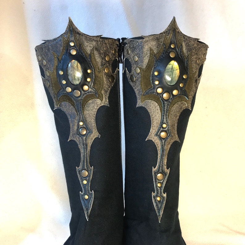 Ninja tabi shoes, summer cotton fabric boots, with leather art applique, gemstone, black or white color. image 2
