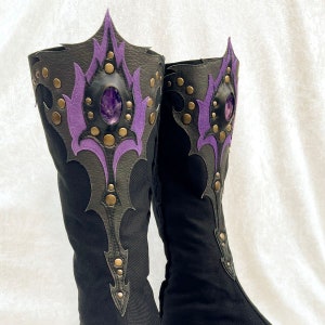 Ninja tabi shoes, summer cotton fabric boots, with leather art applique, gemstone, black or white color. image 4