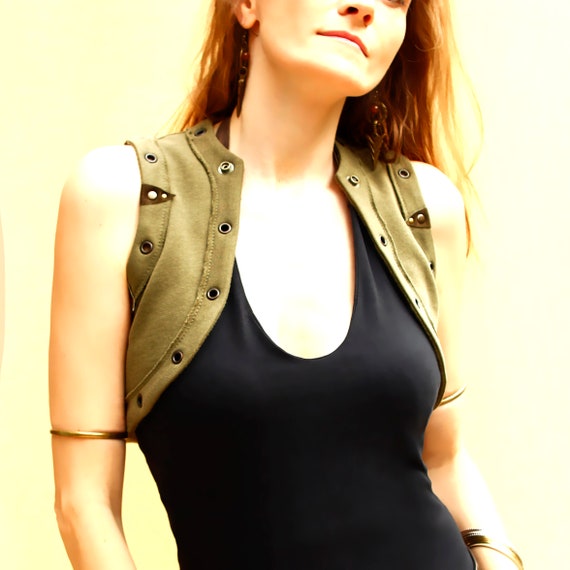 Festival Organic Cotton Short Green Vest Tribal Hippy Olive Shrug Elven Fairy Bolero Summer Boho Bodywarmer Burner Gilet Leather Art Etsy UK