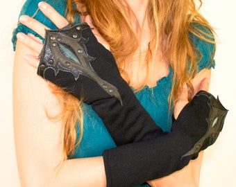 Festival organic cotton black mitts, Cosplay fingerless gloves, Warm fabric mittens, Elven arm warmers, Gothic clothing, Leather art psywear