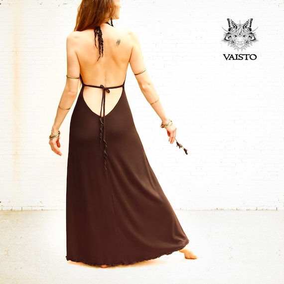 Long Open Back Halter Maxi Summer Dress, Brown Party Deep Plunge Neck, Sexy  Event Outfit, Evening Gown, Gala, Holiday, Bridesmaid, Cocktail