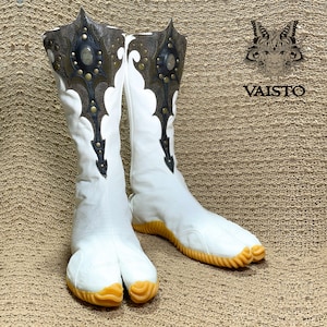 Ninja tabi shoes, summer cotton fabric boots, with leather art applique, gemstone, black or white color. image 5