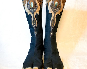 Ninja tabi shoes, black summer cotton fabric boots, leather, vegan split toe, unique, custom, Japanese barefoot, flat sole socks, gemstone