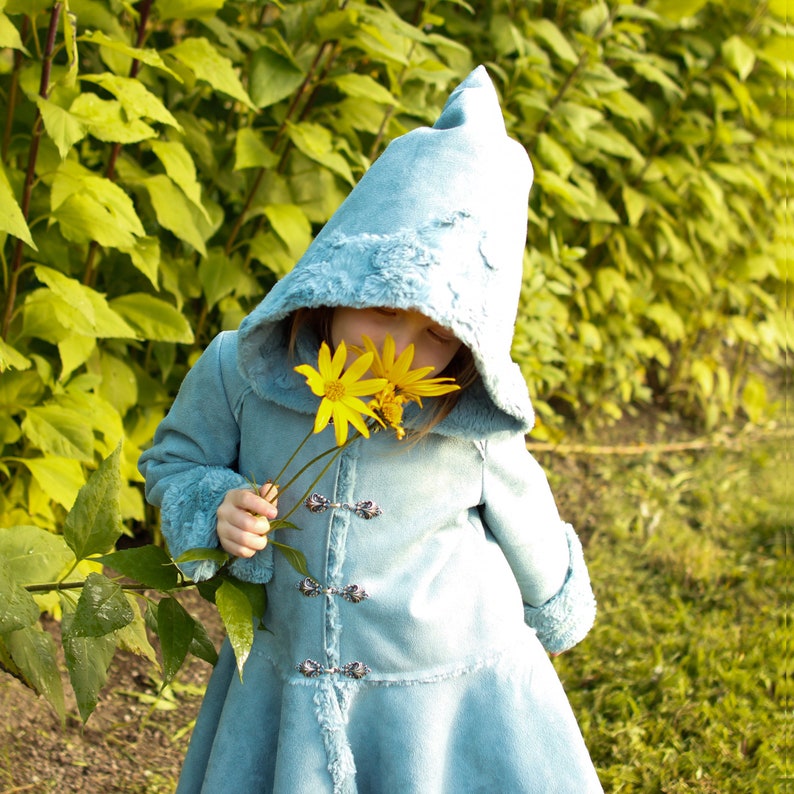 Winter coat, Fairy warm jacket, with Pixie hood made from vegan suede leather fur in blue color FURYTALE COAT image 3