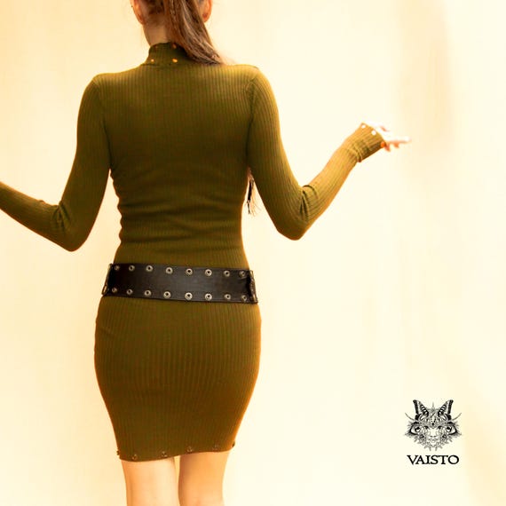 Elegant sweater olive green dress, Bodycon midi slim fitting, tight form, High turtle neck, Warm long sleeve knitted winter cosy, cocktail