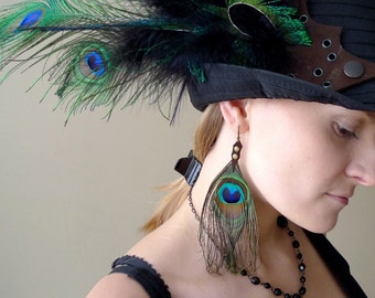 Dangle peacock feather earrings with leather detail - Peacock Eye