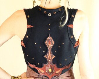 Festival organic cotton short black vest, Boho hippie tribal shrug, Elven bolero, Summer bodywarmer, Burning man gilet, Leather art psywear