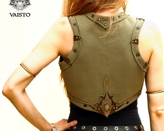 Festival organic cotton short green vest, Tribal hippy olive shrug, Elven fairy bolero, Summer boho bodywarmer, Burner gilet, Leather art