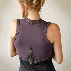 Festival organic cotton short gray vest, Handmade tribal hippie shrug, Rocker unique bolero, Summer bodywarmer, Burner gilet, Leather art Dark purple