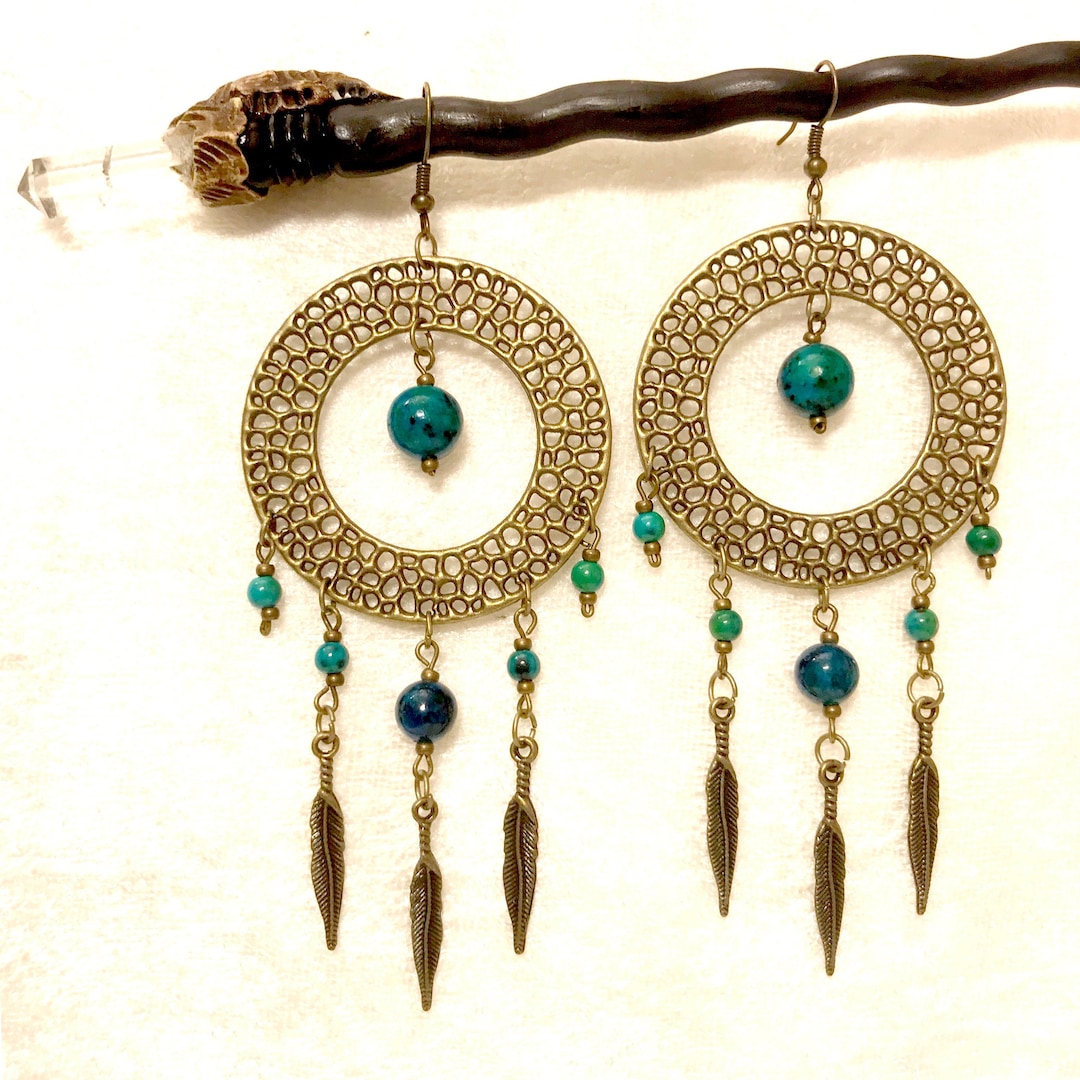 Bohemian Dangle Long Earrings, on a Big Brass Hoop Lapis Lazuli Beads