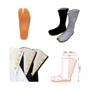 May include: A pair of white tabi boots with a black pair of tabi boots in the background. The boots have a split toe and are made of canvas. The boots are 300 mm tall and 320 to 380 mm wide. The boots have a rubber sole with a wavy pattern.