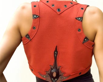 Festival organic cotton short orange vest, Tribal hippy olive shrug, Elven fairy bolero, Summer boho bodywarmer, Burner gilet, Leather art