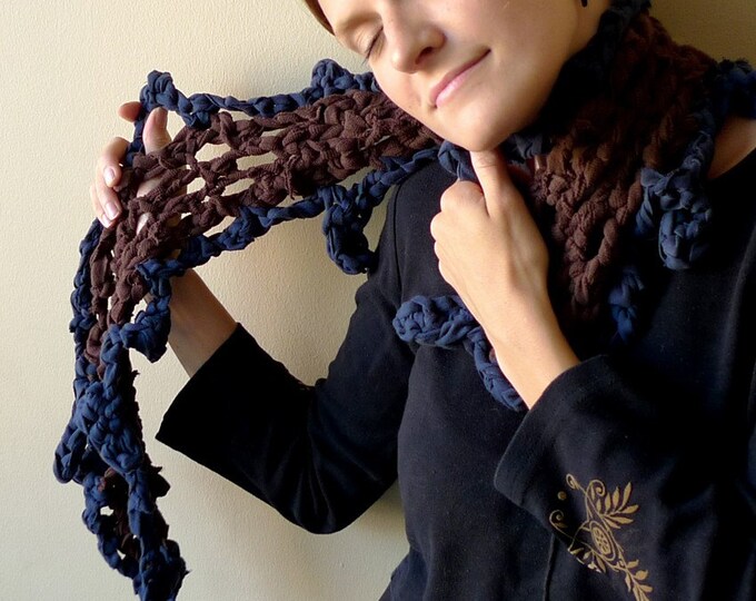 Chunky Scarf Crochet Without a Hook, Brown and Blue Upcycled Cotton Jersey Etsy