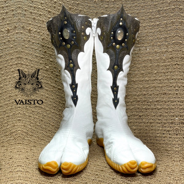 Ninja tabi shoes, summer cotton fabric boots, with leather art applique, gemstone, white or black color.