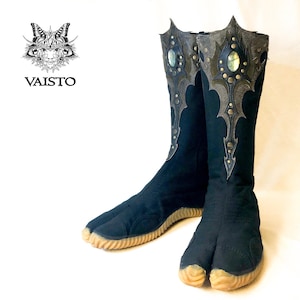 Ninja tabi shoes, black summer cotton fabric boots, leather, vegan split toe, unique, custom, Japanese barefoot, flat sole socks, gemstone