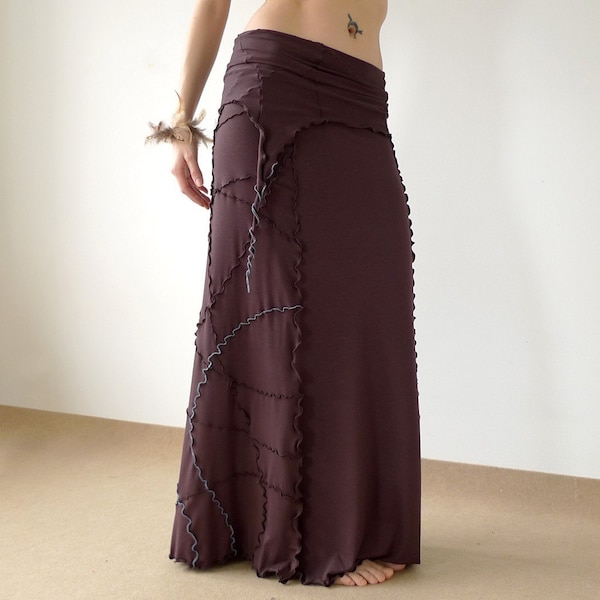 Boho long maxi skirt/dress, multiway one shoulder jersey dress with freehand serging, dark brown or pick your color - Wilma