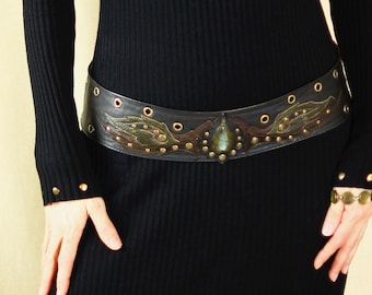 Leather black wide hip women belt with leather art applique and Labradorite gemstone - FERALAS BELT