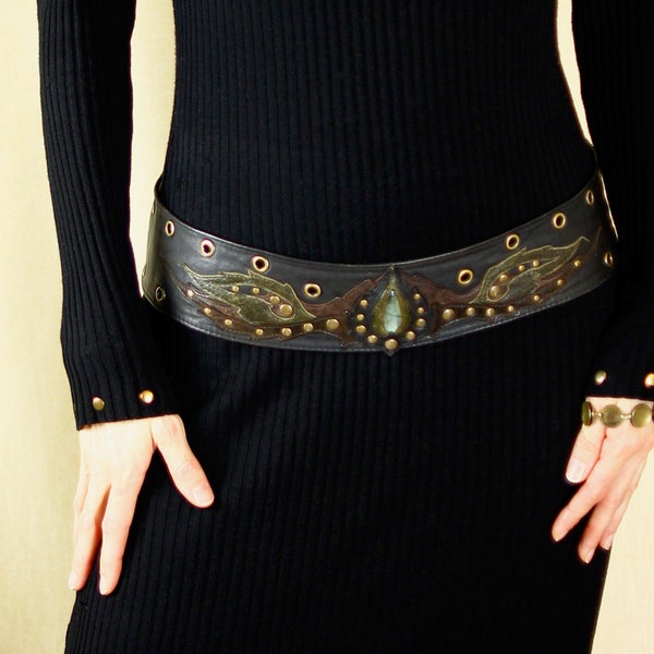 Leather black wide hip women belt with leather art applique and Labradorite gemstone - FERALAS BELT