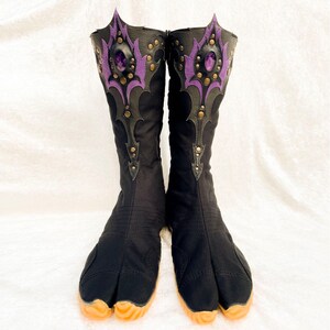 Ninja tabi shoes, summer cotton fabric boots, with leather art applique, gemstone, black or white color. image 2