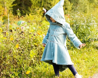 Winter coat, Fairy warm jacket, with Pixie hood made from vegan suede leather fur in blue color - FURYTALE COAT