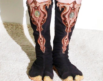 Ninja tabi shoes, summer cotton fabric boots, with leather art applique, gemstone, black or white color.