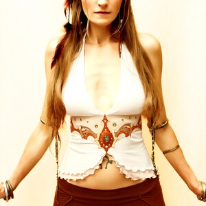 Festival open back halter top, Bohemian backless off white wedding tank, elven beige tie corset summer outfit, Burning man leather art crop