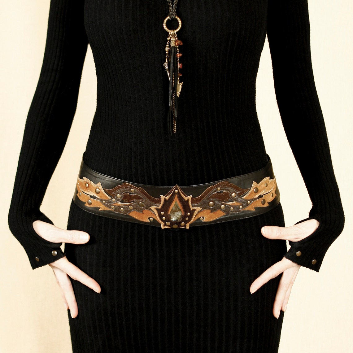 Leather Black Wide Hip Women Belt With Leather Art Applique Etsy
