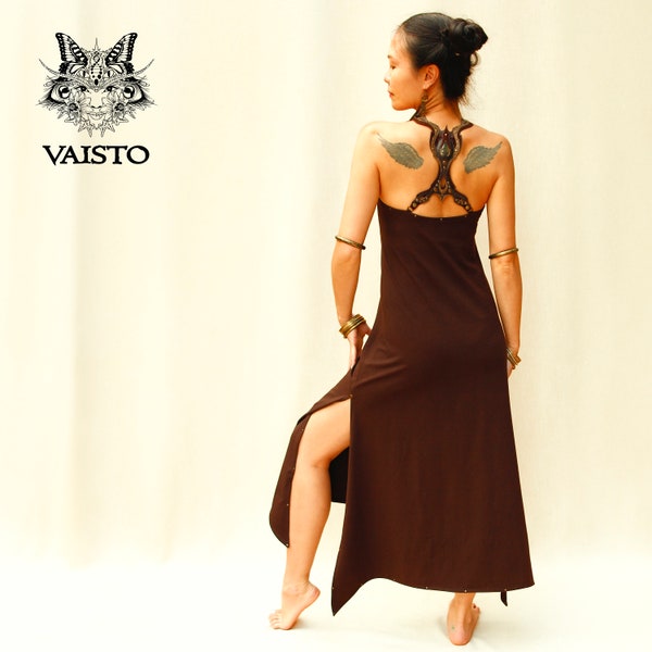 Bohemian long summer brown tank maxi dress, Organic cotton, Side slit festival outfit, Open back, Wearable leather art, Burning man clothing