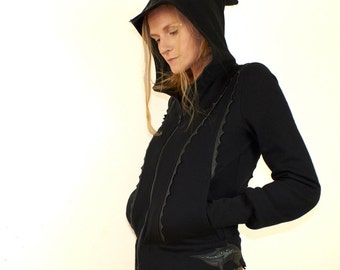 Cotton hooded jacket with leather art appliques, pockets and thumb hole, 12 colors - Terora