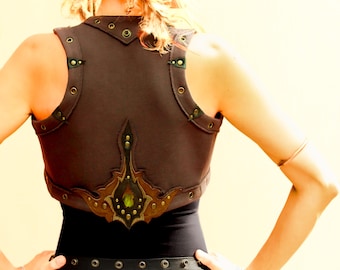 Festival organic cotton short brown vest, Tribal boho hippie shrug, Cosplay bolero, Summer bodywarmer, Burner clothing, Leather art psywear