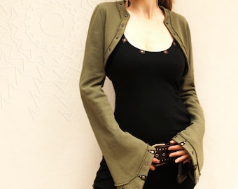 Festival organic cotton green bolero Elven long sleeve shrug Cosplay outfit Alternative clothing Boho bodywarmer Leather art hippie jacket