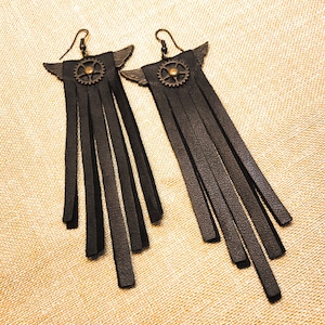 Steampunk dangle long leather fringe earrings with brass details, 32 colors - Flyhight