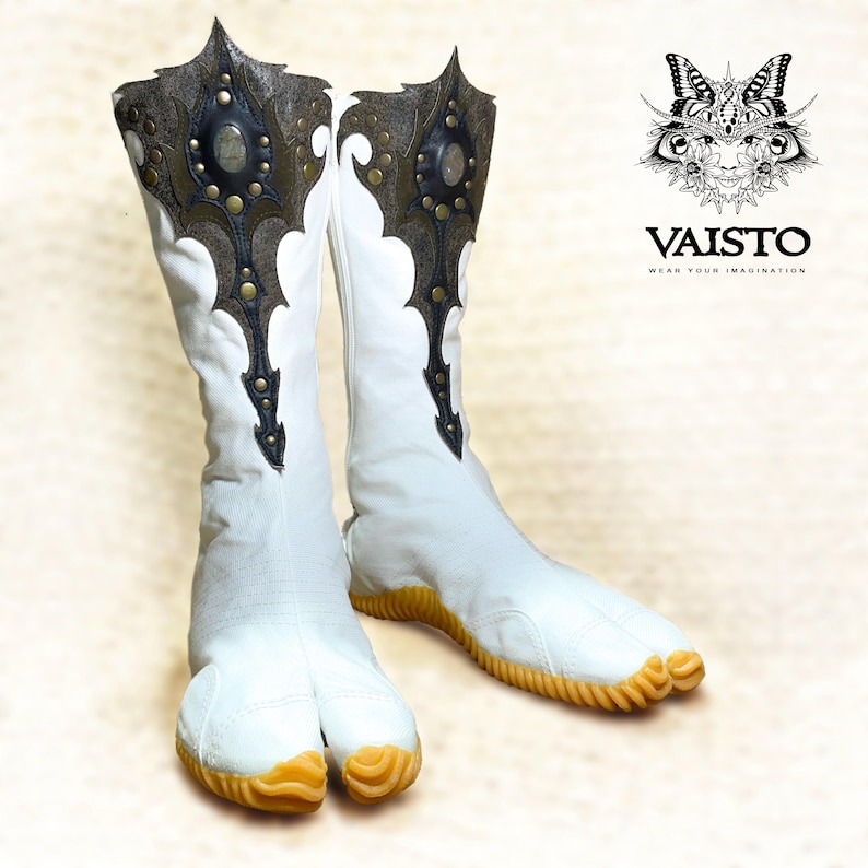 Ninja tabi shoes, black summer cotton fabric boots, leather, vegan split toe, unique, custom, Japanese barefoot, flat sole socks, gemstone image 6