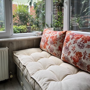 Stain Resistant Custom Bench Cushion with Tuftings, Water Repellent Window Seat Cushion with Buttons, Customized Chenille Bench Cushion