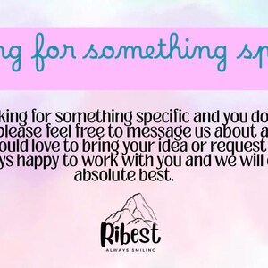 Op de afbeelding: Afbeelding met de tekst "looking for something specific?" in een roze tekstballon. Hieronder moedigt tekst aangepaste bestellingen aan. Het Ribest-logo, een bergontwerp, staat onderaan.