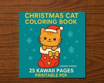 Christmas Cat Coloring Book Printable PDF, 25 Kawaii Pages, Instant Download for Kids & Beginners