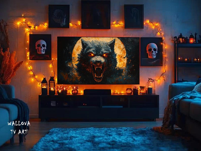Werewolf With Glowing Eyes Art for Frame TV Halloween Decor Snarling ...