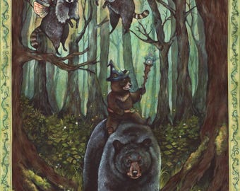 May include: A whimsical illustration of a black bear with a small bear wearing a wizard hat riding on its back. Two raccoons with wings are flying in the background of a green forest.